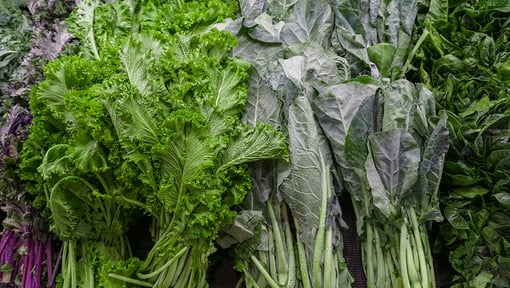 Fresh bunches of leafy green vegetables, including curly kale and collard greens