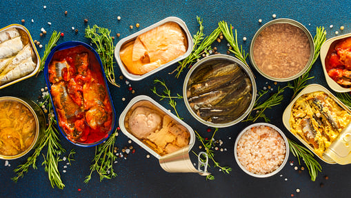 Assorted open cans of calcium packed tinned fish  