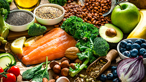 Image of foods packed with essential minerals including fish, fruits, and vegetables