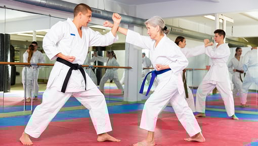 Two people practicing a martial arts technique on padded mats in a training studio