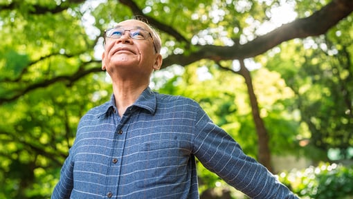 Older man standing outdoors beneath a canopy of green trees, enjoying time in a park surrounded by nature.